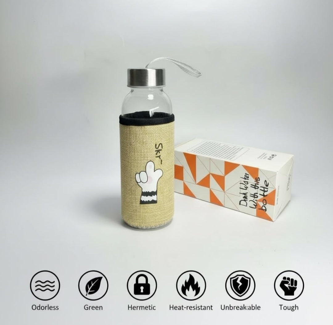 Borosilicate Glass Water Bottle 550ml with Airtight Stainless Steel Lid & Jute Cover