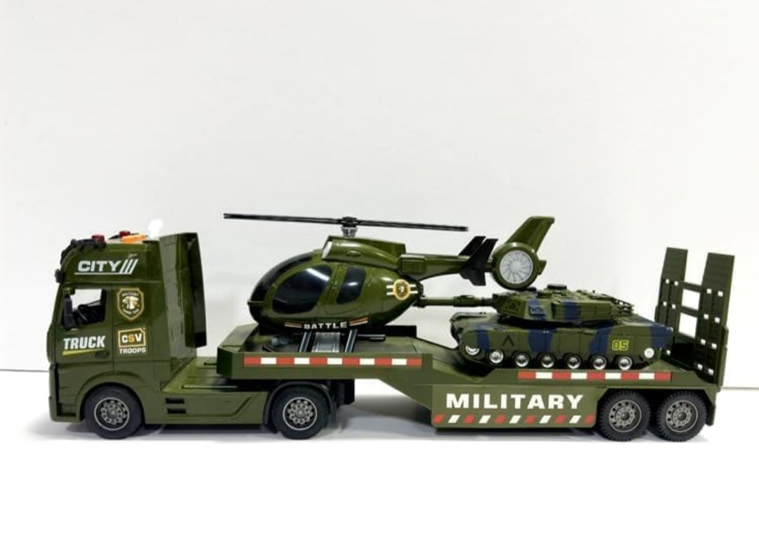 Military Transport Truck Toy with Helicopter & Battle Tank | Large Army Carrier Truck with Lights & Sounds | Pretend Play Military Vehicle Set