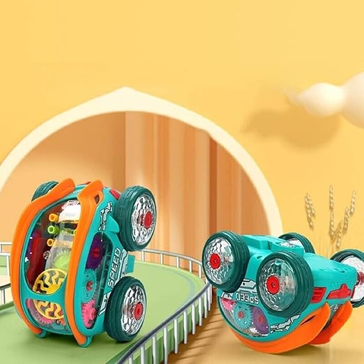 Gear Powered Car with Led Lights, 3D Stunt Car Toy with Flashing LED Lights 360° Rotating Gear Toy Car with Music, Bump