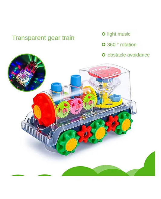 Musical Transparent Gear Train Toy With 360-Degree Rotating Universal Wheel Music And Lights