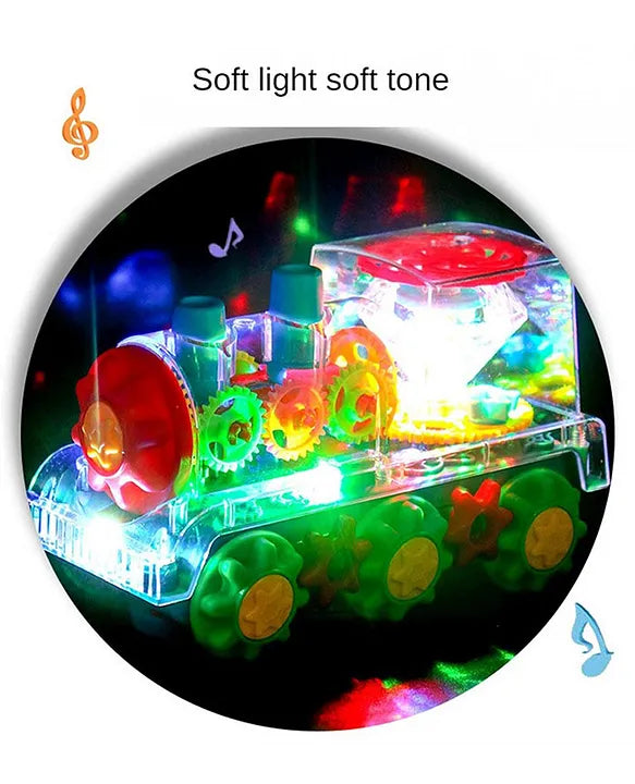 Musical Transparent Gear Train Toy With 360-Degree Rotating Universal Wheel Music And Lights
