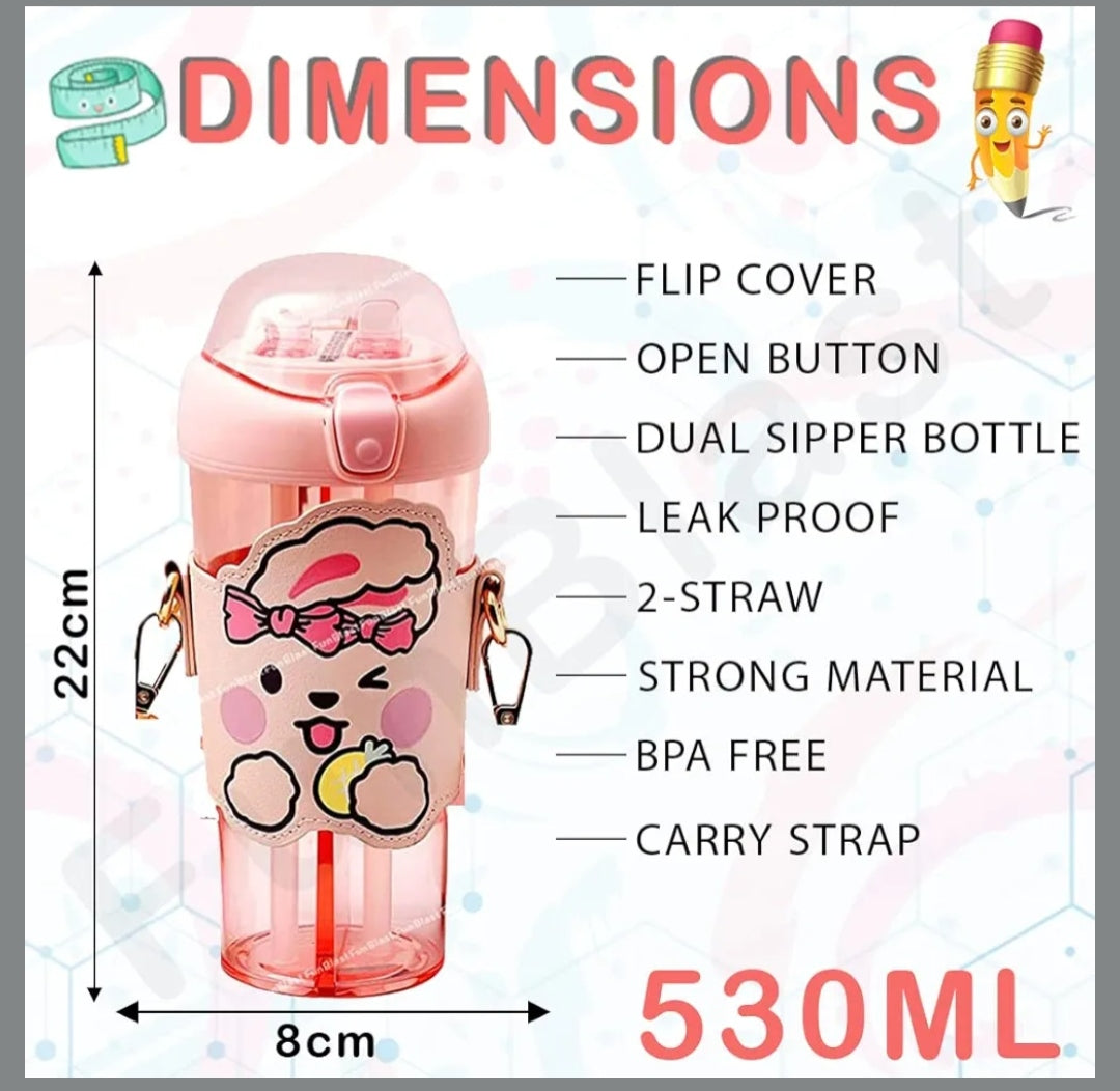 Sipper Bottle for Kids – 2 in 1 Water Bottle, Tumbler with Straw and Sipper with Adjustable Strap, BPA Free Water Bottle, School Bottle for Kids (530 ML) (Pink)