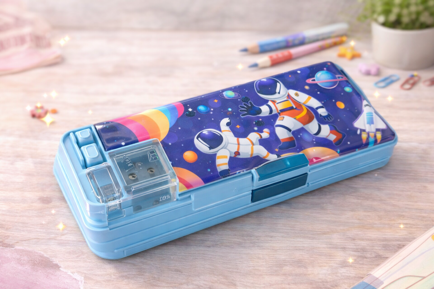 Pencil box with sharpener