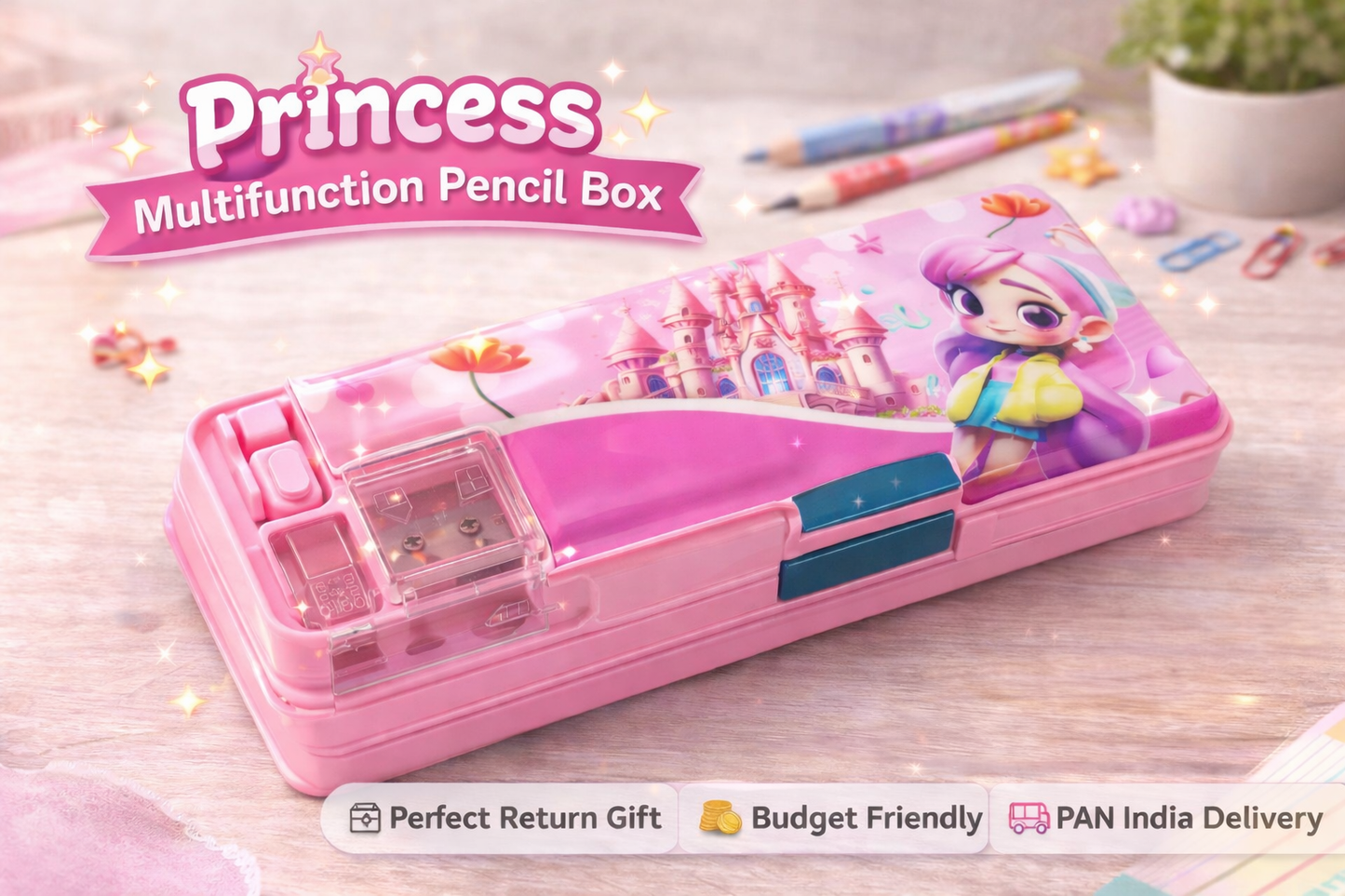 Pencil box with sharpener