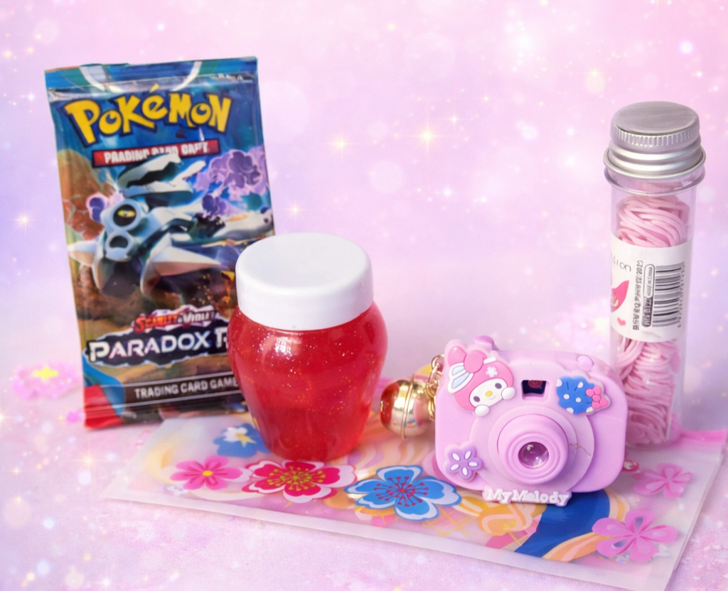 Slime + pokemon card+projector camera keychain+paper soap +pouch