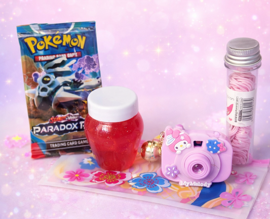 Slime + pokemon card+projector camera keychain+paper soap +pouch
