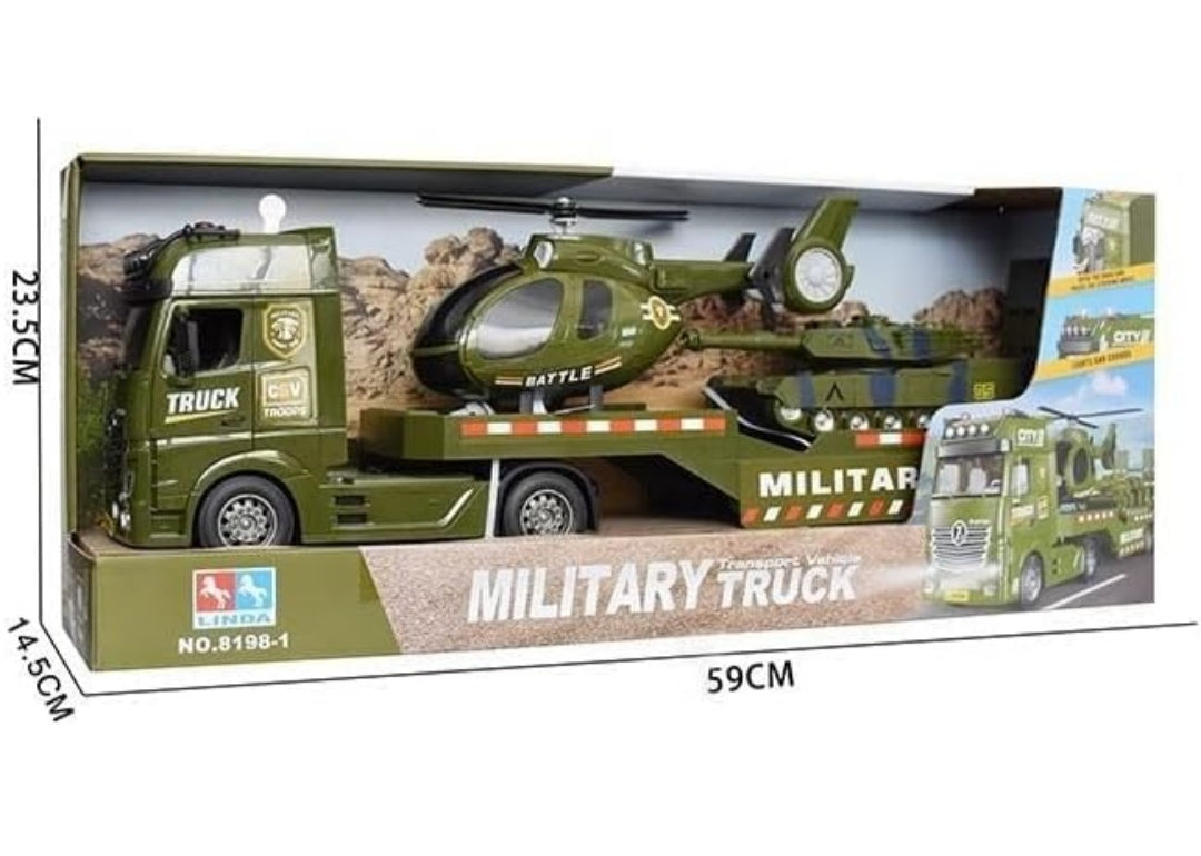 Military Transport Truck Toy with Helicopter & Battle Tank | Large Army Carrier Truck with Lights & Sounds | Pretend Play Military Vehicle Set