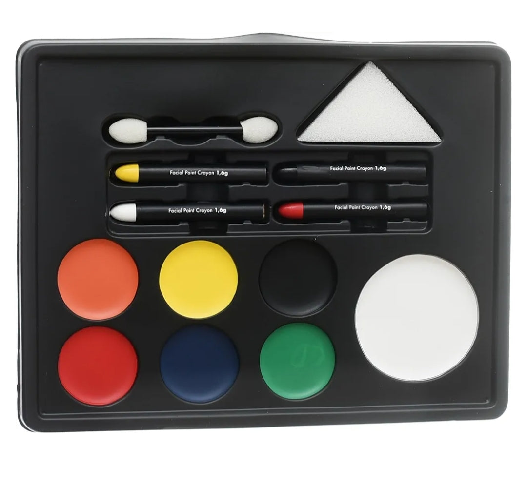 Deluxe Face Painting Set 7 Vibrant Paints, 4 Crayons, Sponge, and Applicator for Creative Artistry, Multicolor
