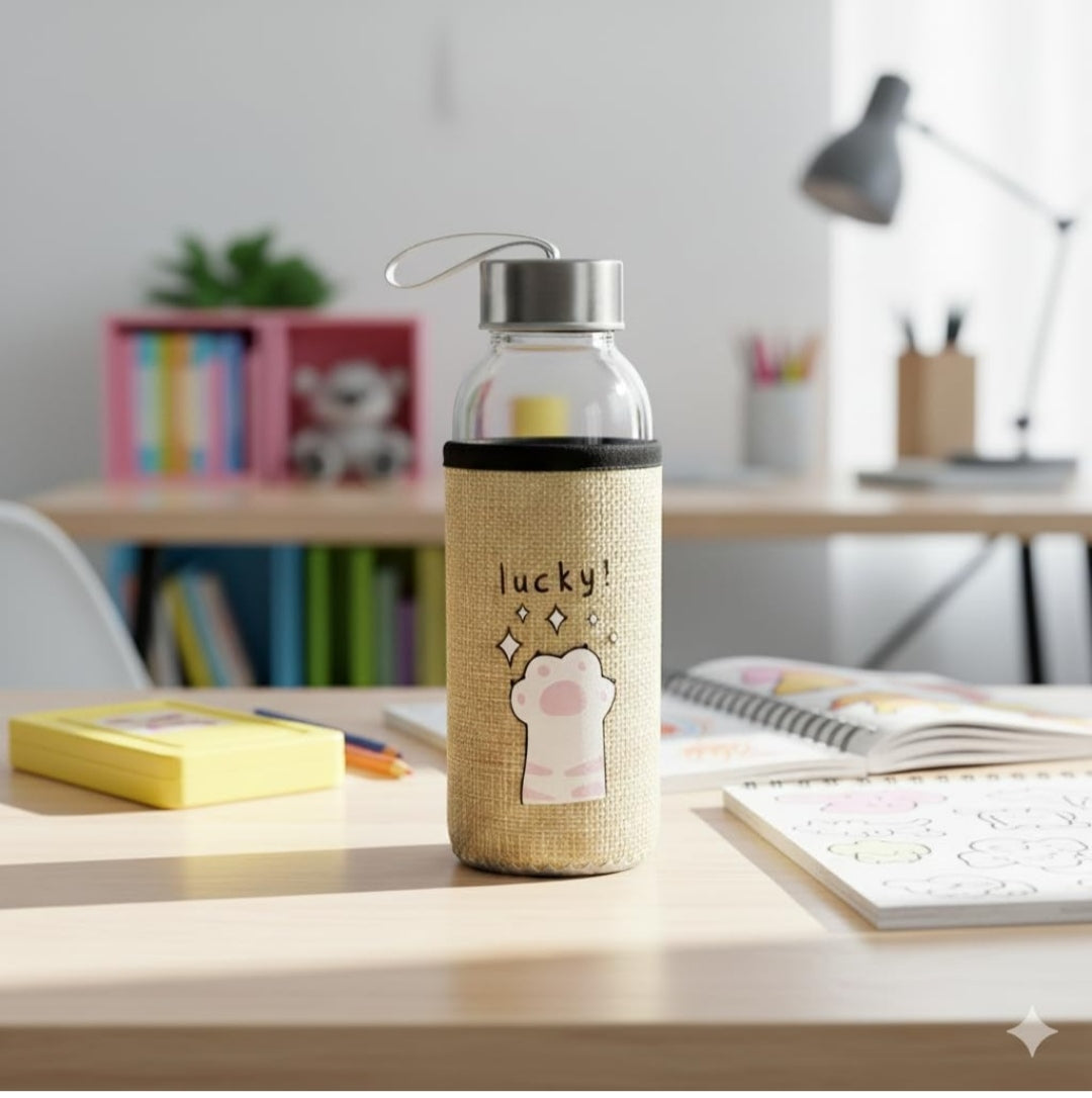 Borosilicate Glass Water Bottle 550ml with Airtight Stainless Steel Lid & Jute Cover