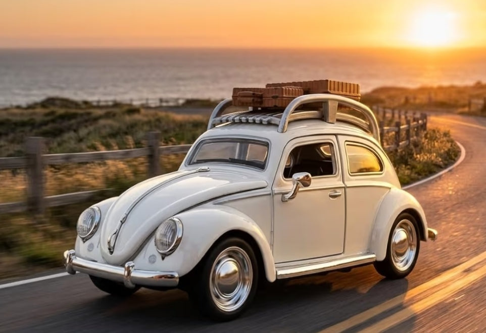 Die Cast Toy Car Model Set with Openable Doors, 1:32 Scale Pullback Mechanism, Light and Sound Feature, Assorted Classic Car Designs (Volkswagen Beetle)