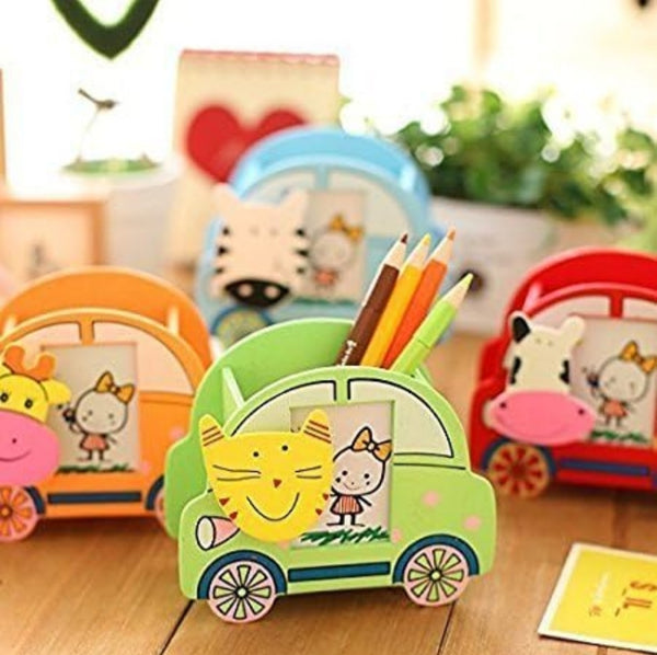 Wooden Car Shape Animal Design Pen Stand For return gift , Pencil Holders, Multicolor