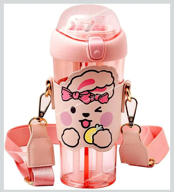 Sipper Bottle for Kids – 2 in 1 Water Bottle, Tumbler with Straw and Sipper with Adjustable Strap, BPA Free Water Bottle, School Bottle for Kids (530 ML) (Pink)