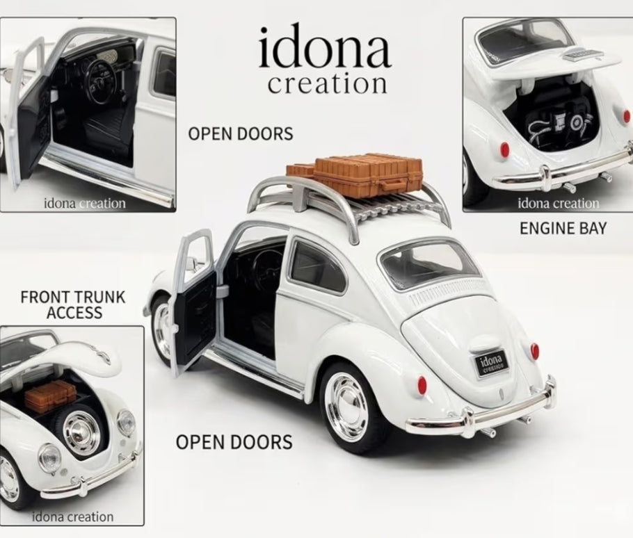 Die Cast Toy Car Model Set with Openable Doors, 1:32 Scale Pullback Mechanism, Light and Sound Feature, Assorted Classic Car Designs (Volkswagen Beetle)