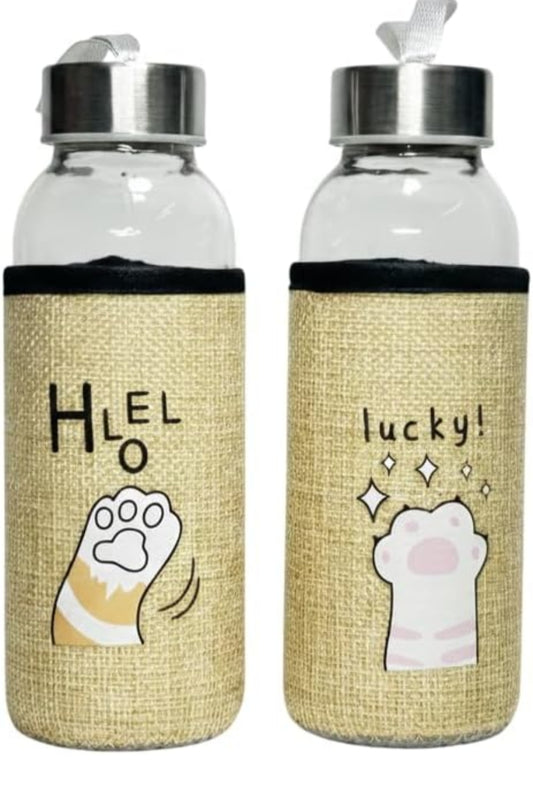 Borosilicate Glass Water Bottle 550ml with Airtight Stainless Steel Lid & Jute Cover