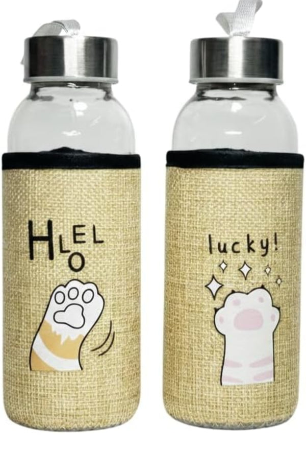 Borosilicate Glass Water Bottle 550ml with Airtight Stainless Steel Lid & Jute Cover