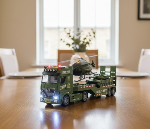 Military Transport Truck Toy with Helicopter & Battle Tank | Large Army Carrier Truck with Lights & Sounds | Pretend Play Military Vehicle Set