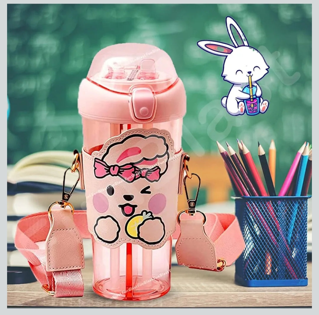 Sipper Bottle for Kids – 2 in 1 Water Bottle, Tumbler with Straw and Sipper with Adjustable Strap, BPA Free Water Bottle, School Bottle for Kids (530 ML) (Pink)