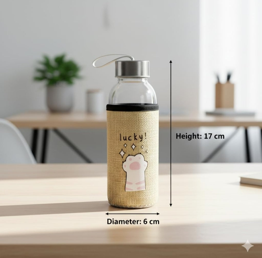 Borosilicate Glass Water Bottle 550ml with Airtight Stainless Steel Lid & Jute Cover