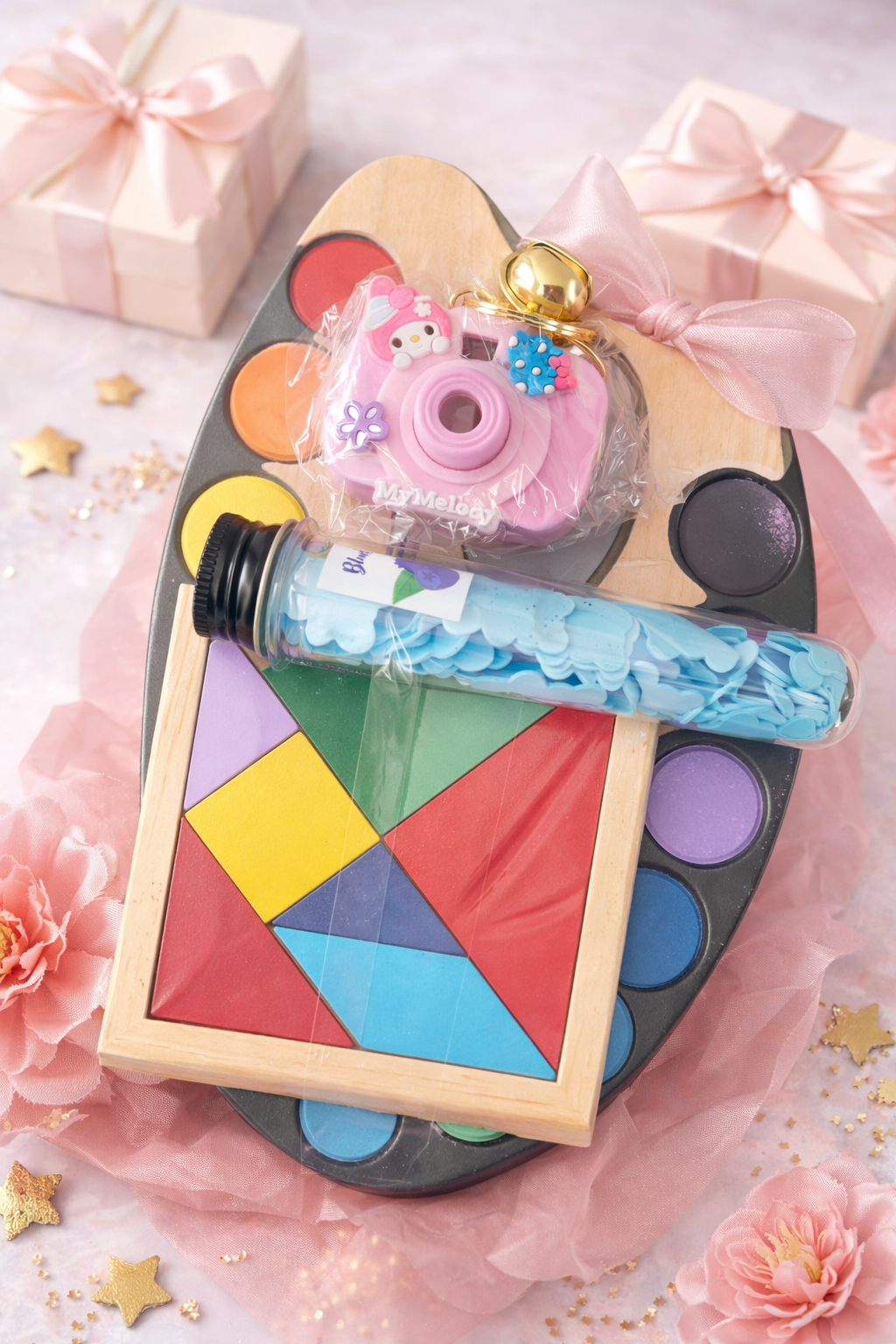Combo of colour palette+paper soap+camera +wooden Puzzle
