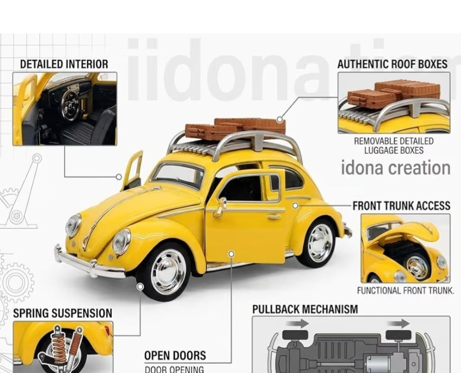 Die Cast Toy Car Model Set with Openable Doors, 1:32 Scale Pullback Mechanism, Light and Sound Feature, Assorted Classic Car Designs (Volkswagen Beetle)