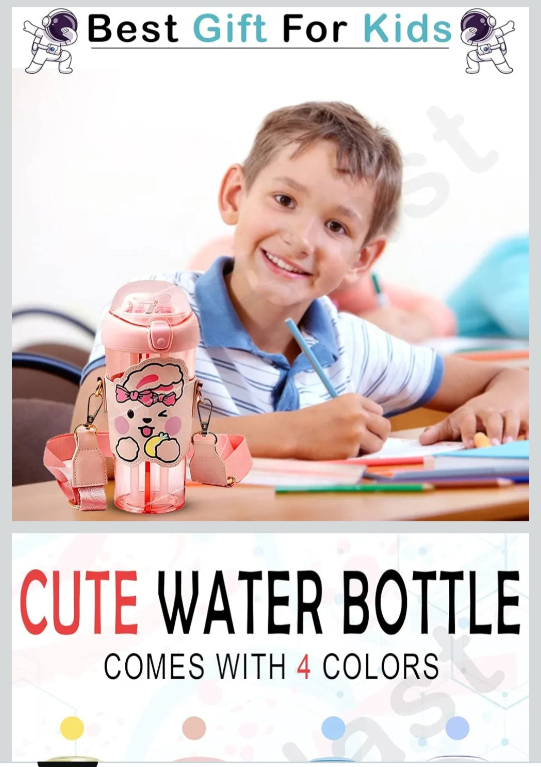 Sipper Bottle for Kids – 2 in 1 Water Bottle, Tumbler with Straw and Sipper with Adjustable Strap, BPA Free Water Bottle, School Bottle for Kids (530 ML) (Pink)