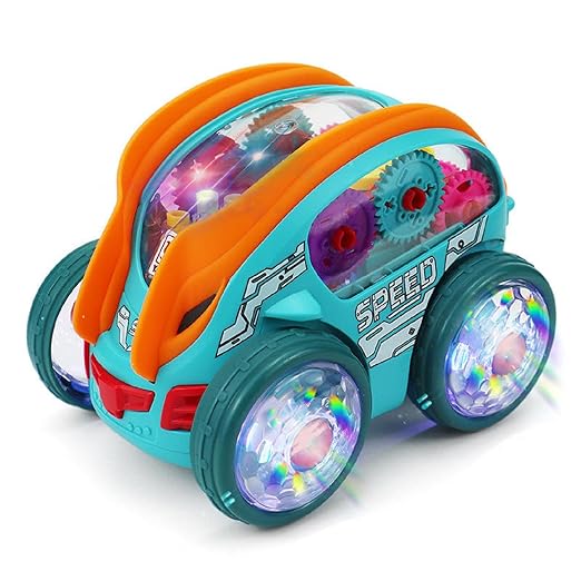 Gear Powered Car with Led Lights, 3D Stunt Car Toy with Flashing LED Lights 360° Rotating Gear Toy Car with Music, Bump
