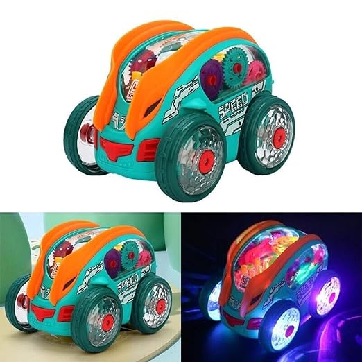 Gear Powered Car with Led Lights, 3D Stunt Car Toy with Flashing LED Lights 360° Rotating Gear Toy Car with Music, Bump