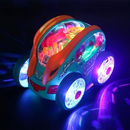 Gear Powered Car with Led Lights, 3D Stunt Car Toy with Flashing LED Lights 360° Rotating Gear Toy Car with Music, Bump