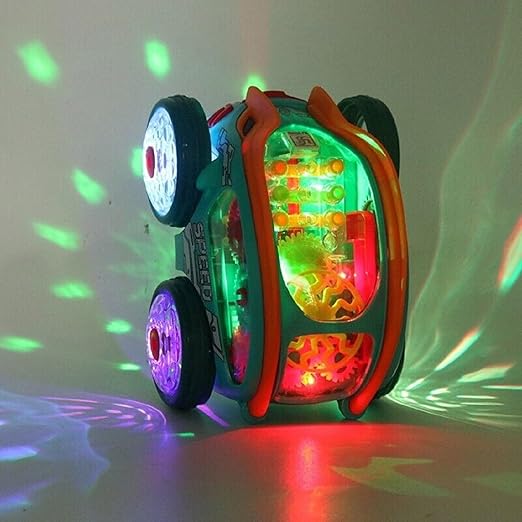 Gear Powered Car with Led Lights, 3D Stunt Car Toy with Flashing LED Lights 360° Rotating Gear Toy Car with Music, Bump